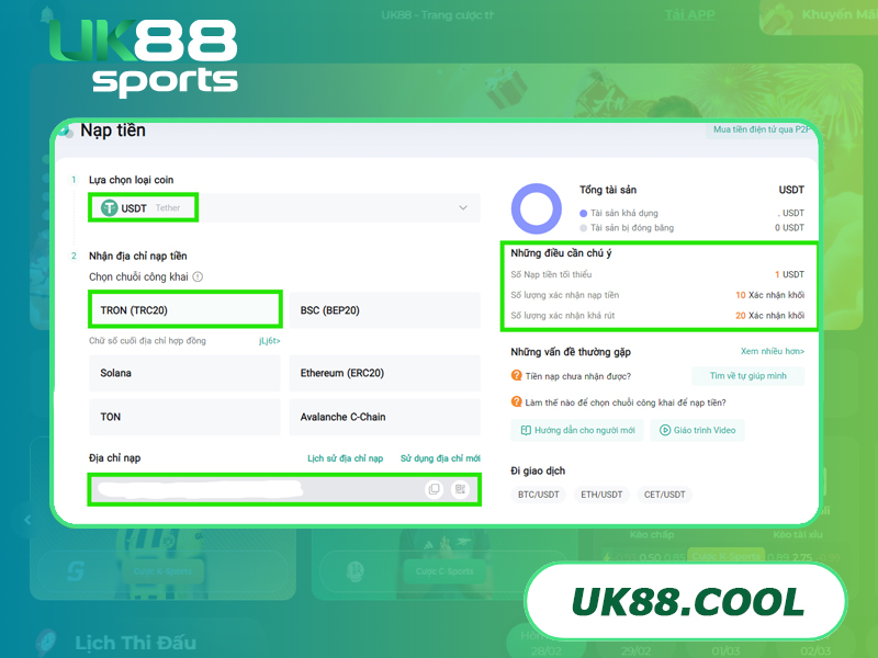 Hướng dẫn nạp USDT vào UK88